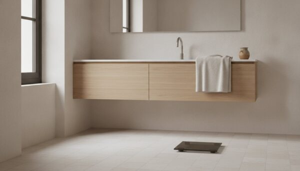 Balance posée au sol dans une salle de bain claire près d'un meuble en bois