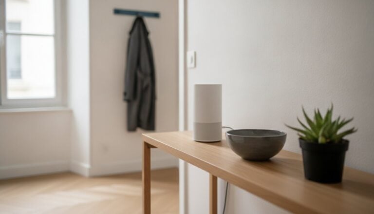 Box internet posée sur une console en bois dans l'entrée d'un appartement contemporain