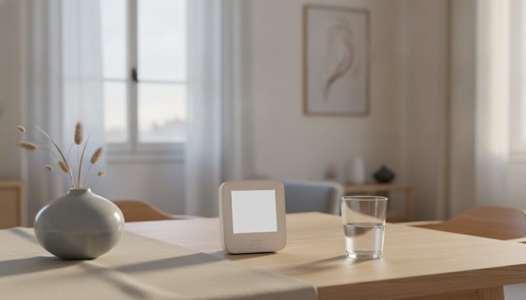 Petit capteur de qualité de l'air posé sur une table en bois