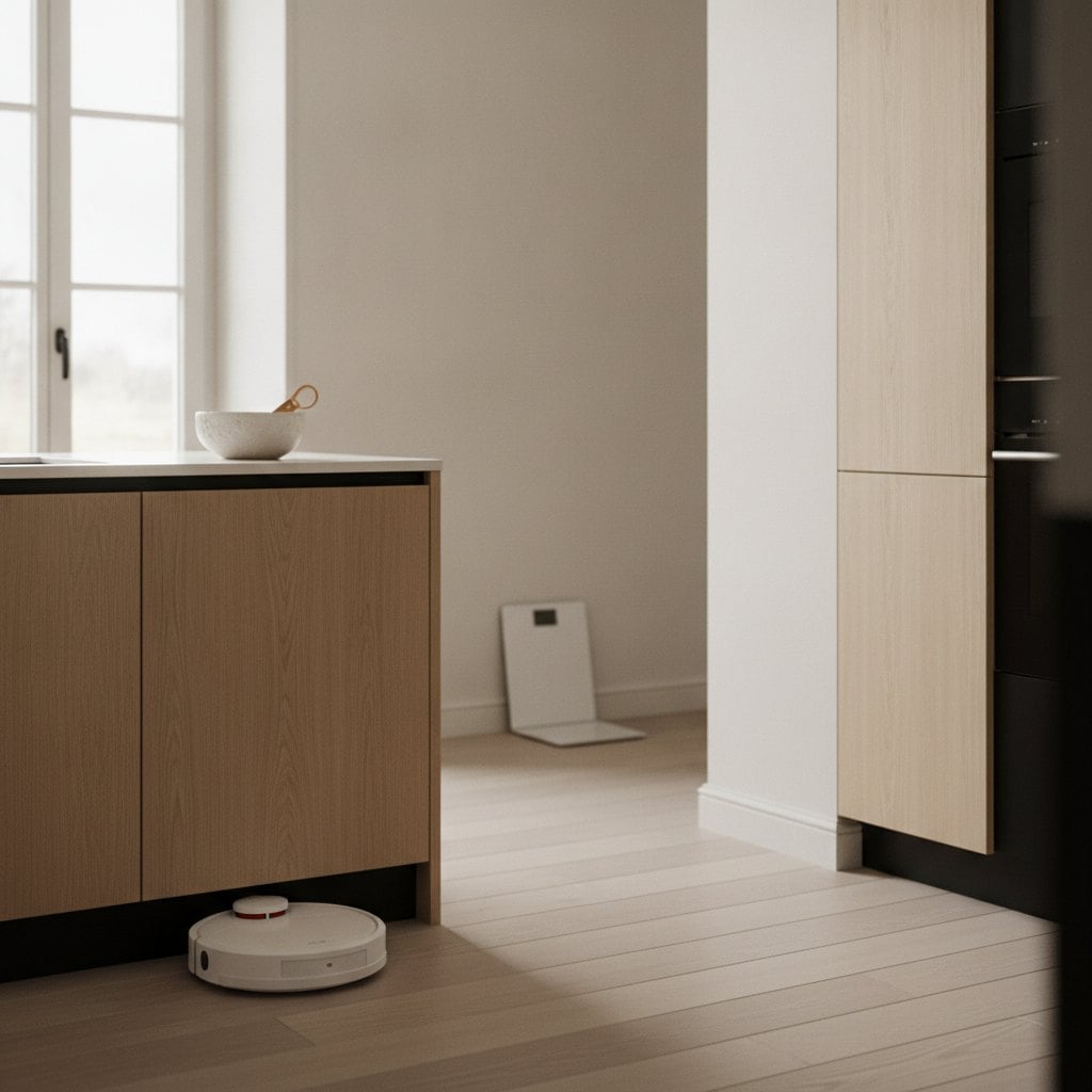 Robot aspirateur compact et traceur Bluetooth sur un trousseau dans une cuisine contemporaine claire