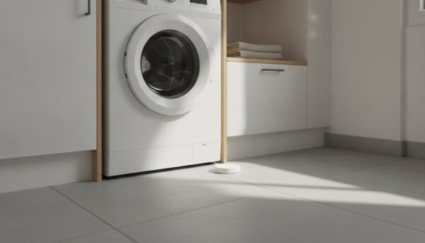 Sonde de détection d'eau posée au sol contre le socle d'un lave-linge dans une buanderie Sonde de détection d'eau posée au sol contre le socle d'un lave-linge dans une buanderie