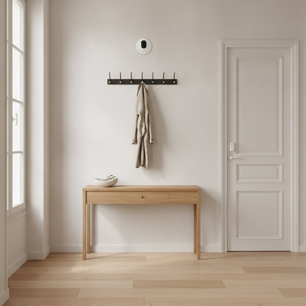 Entrée d'appartement contemporain avec une caméra d'intérieur et un capteur d'ouverture de porte connectés