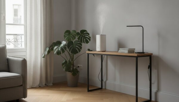 Humidificateur posé sur une console en bois dans un salon lumineux avec des plantes