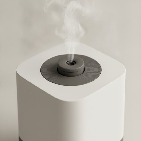 Gros plan sur la buse rotative et la molette de réglage de l'humidificateur