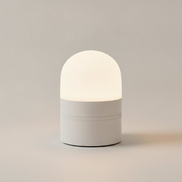 Lampe de chevet connectée cylindrique au diffuseur opalin allumé en blanc chaud Lampe de chevet connectée cylindrique au diffuseur opalin allumé en blanc chaud