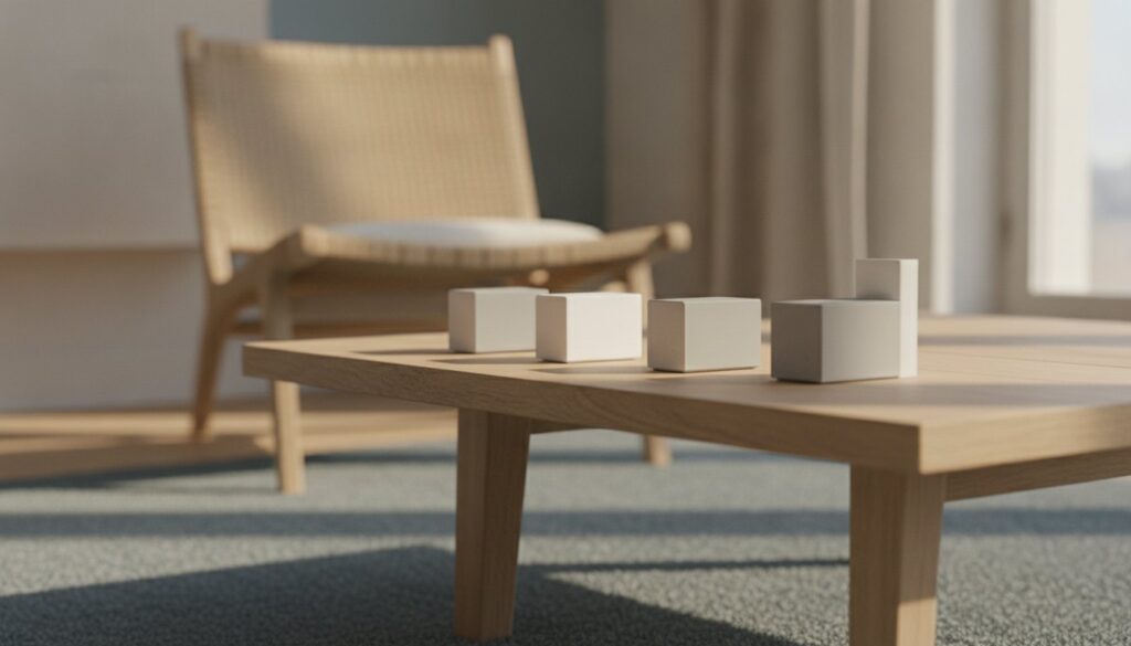 Petits modules domotiques posés sur une table en bois clair