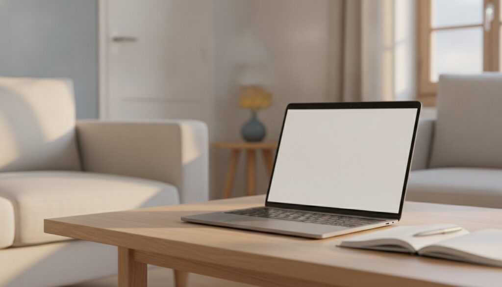 Ordinateur portable ouvert sur une table de séjour