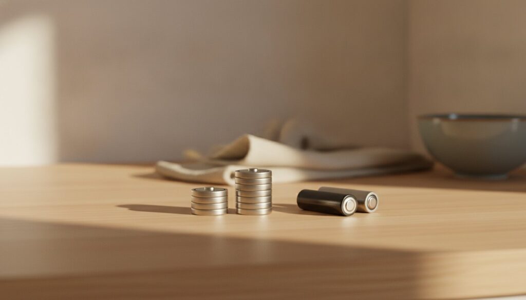 Piles bouton et piles AA posées sur un plan de travail