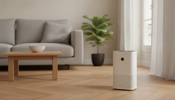 Purificateur d'air compact posé au sol dans un séjour contemporain lumineux