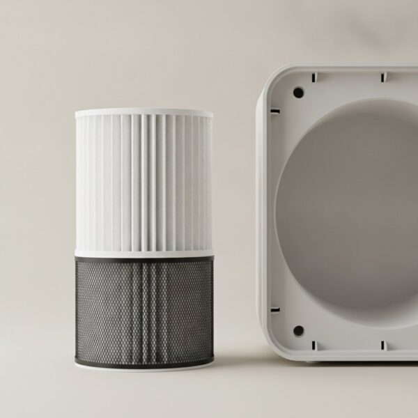 Filtre plissé cylindrique du purificateur d'air posé à côté de l'appareil ouvert