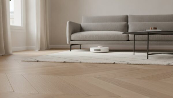 Robot aspirateur en cours de passage sous un canapé dans un salon en parquet clair Robot aspirateur en cours de passage sous un canapé dans un salon en parquet clair