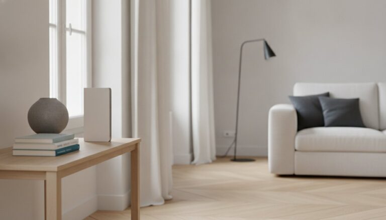 Routeur Wi-Fi posé sur une console en bois clair dans un salon contemporain