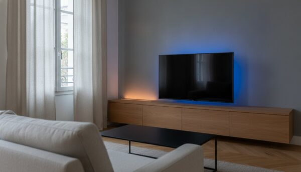 Ruban lumineux installé derrière un meuble télé dans un séjour au crépuscule