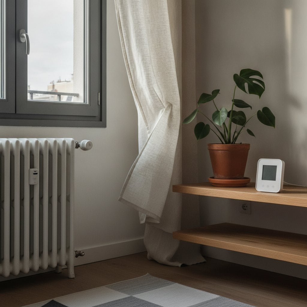Radiateur équipé d'une tête thermostatique connectée et station de mesure d'intérieur dans un salon lumineux