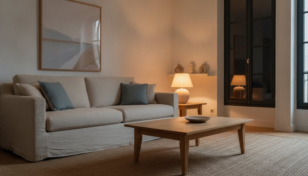 Séjour éclairé par une lampe à lumière chaude en soirée