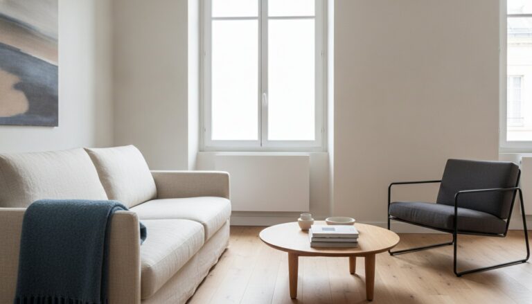 Séjour lumineux en hiver avec un radiateur installé sous une grande fenêtre