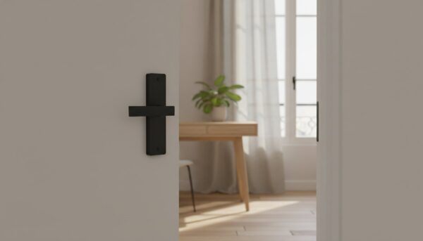 Porte de bureau équipée d'une poignée à empreinte dans un intérieur clair