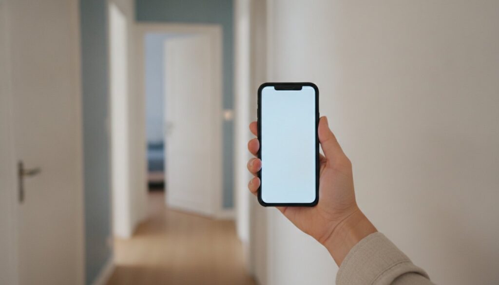 Smartphone tenu à la main devant un couloir d'appartement