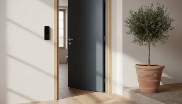 Sonnette vidéo installée sur le montant d'une porte d'entrée d'un logement français Sonnette vidéo installée sur le montant d'une porte d'entrée d'un logement français