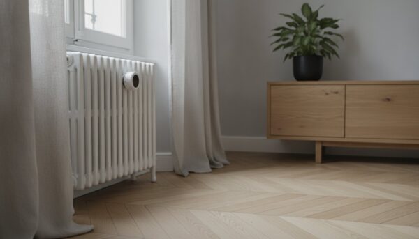Tête thermostatique installée sur un radiateur blanc dans un salon lumineux
