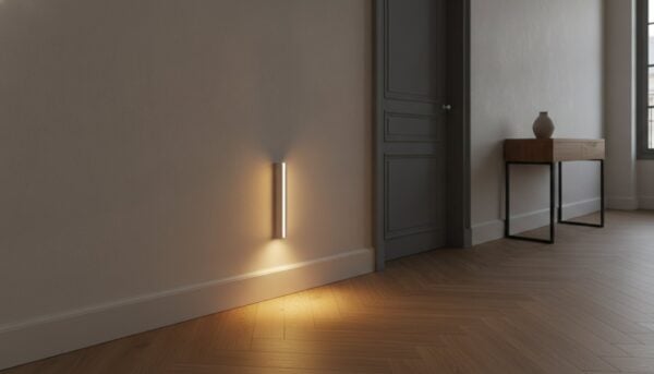 Veilleuse fixée au mur d'un couloir, éclairant le bas des murs et le parquet Veilleuse fixée au mur d'un couloir, éclairant le bas des murs et le parquet