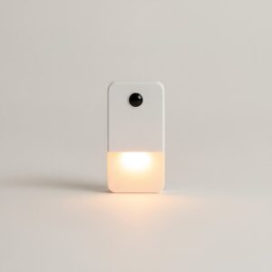 Veilleuse rectangulaire blanche à détection de présence vue de face, diffuseur allumé en ambre