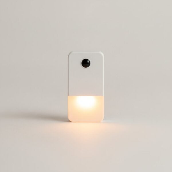 Veilleuse rectangulaire blanche à détection de présence vue de face, diffuseur allumé en ambre Veilleuse rectangulaire blanche à détection de présence vue de face, diffuseur allumé en ambre